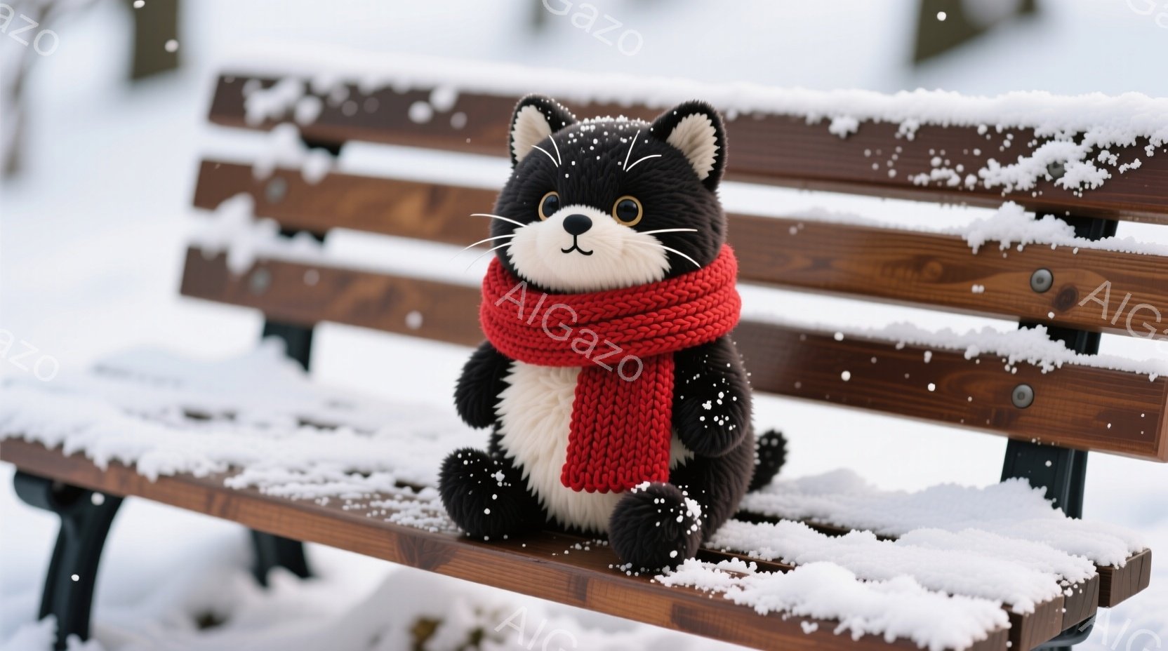 黒と白の猫のぬいぐるみは、木製の公園のベンチに座っており、赤い編み物のマフラーを巻いています。雪が降り積もり、ベンチや周囲の風景は白く覆われています。静かで穏やかな冬の日の雰囲気が漂い、可愛らしいぬい - AI生成フリー素材