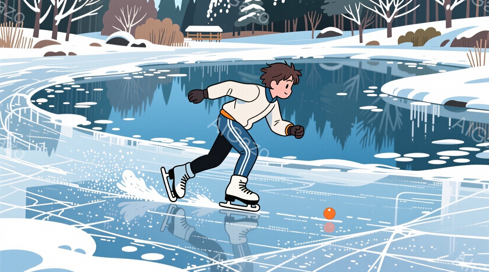 少年が凍った湖の上でスケートを楽しんでいる様子が描かれています。少年は白いジャケットとストライプのズボンを着用し、茶色の髪は短く、前かがみの姿勢でスピード感あふれる滑りをしています。背景には雪景色が広がり、遠くに建物が見え、全体的に冬の寒さと活気に満ちた雰囲気が漂っています。