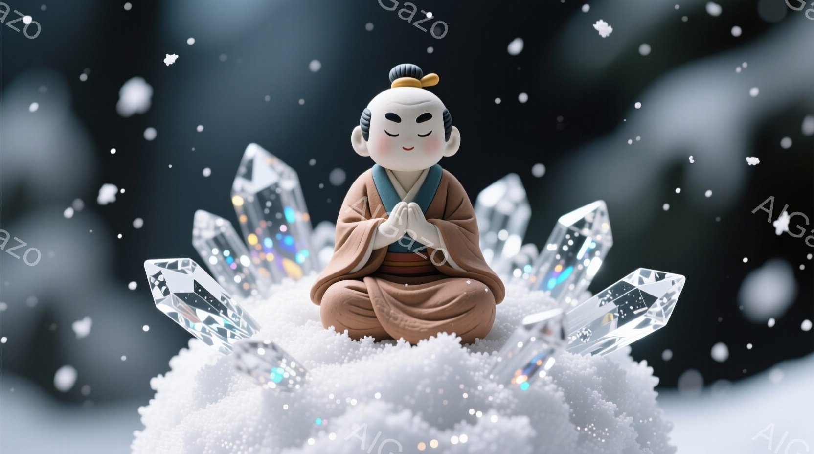 小さな仏像が雪のような白い丘の上に座禅を組んでいます。仏像は茶色のローブとオレンジ色の帯を身につけ、特徴的な髪型と穏やかな表情をしています。背景にはキラキラと輝く水晶のようなものが立ち並び、全体的に静かで神秘的な雰囲気を醸し出しています。