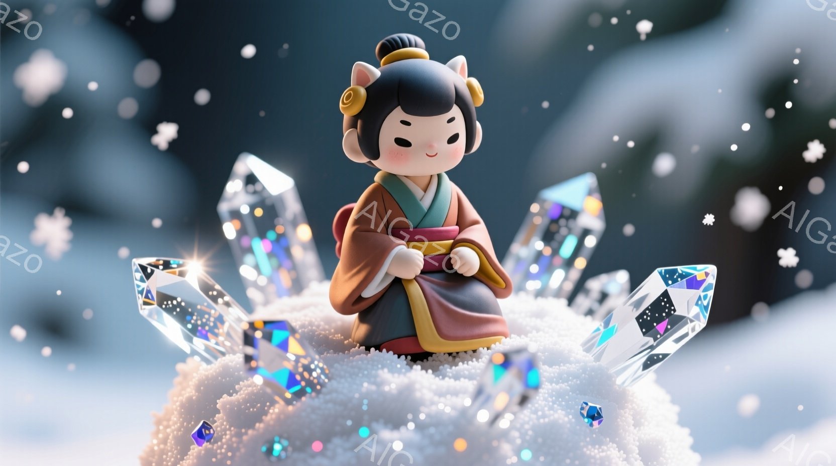 小さな女の子が雪の上に座っており、伝統的な和服を着ています。彼女は黒い髷を結い、赤い着物と金色の帯を身につけ、穏やかな表情を浮かべています。背景には、キラキラと輝く結晶が立ち並び、雪が舞い散る幻想的な雰囲気を醸し出しています。