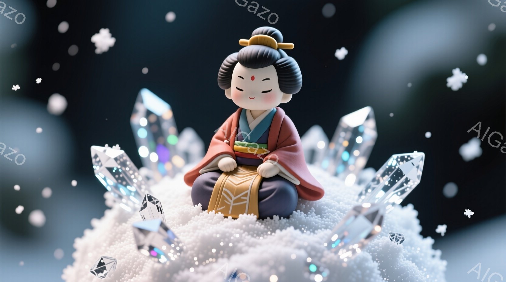 小さな女の子が雪のような白い粒の上に座っており、彼女の周りには透明な水晶が突き出ています。彼女は日本の伝統的な衣装を着ており、オレンジ色の着物の上に紫色の帯を結んでいます。彼女の髪は黒く、複雑なスタイルでまとめられ、穏やかな表情で目を閉じて座っています。