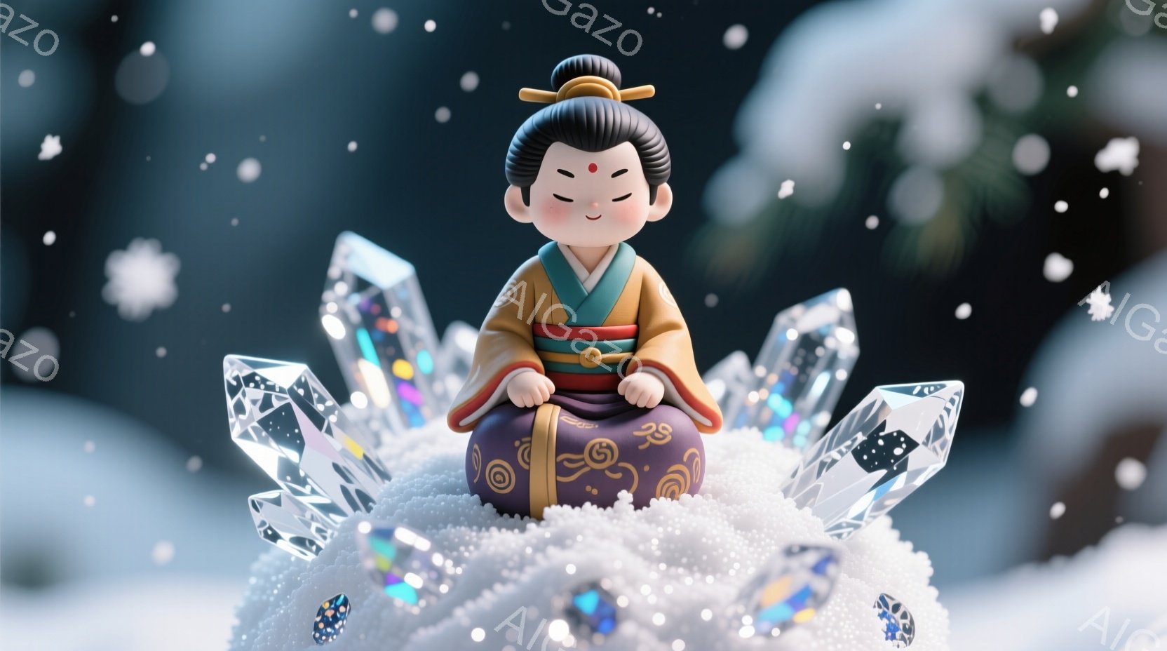 雪に覆われた隆起した地形に座る、小さなアジアの人物を描いています。鮮やかな紫色の着物と金色の装飾が施された伝統的な衣装を身につけ、黒い髪は高々と結い上げられています。人物は目を閉じ、瞑想しているかのように穏やかな表情を浮かべており、周囲には氷の結晶が輝き、静かで神秘的な雰囲気を醸し出しています。