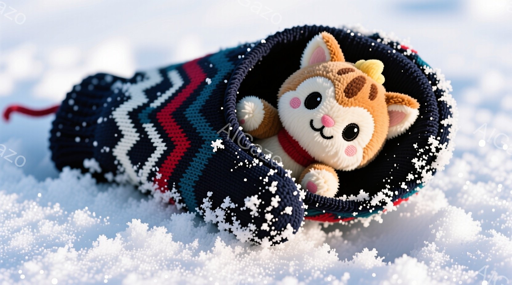 ふわふわした茶色のぬいぐるみのようなキャラクターが、紺色と赤の縞模様のニット帽の中に埋もれています。キャラクターはつぶらな瞳で微笑んでおり、頭には小さな金色の角のようなものがついています。背景は一面の雪景色で、まるで冬の暖かい隠れ家のような、可愛らしい雰囲気を醸し出しています。
