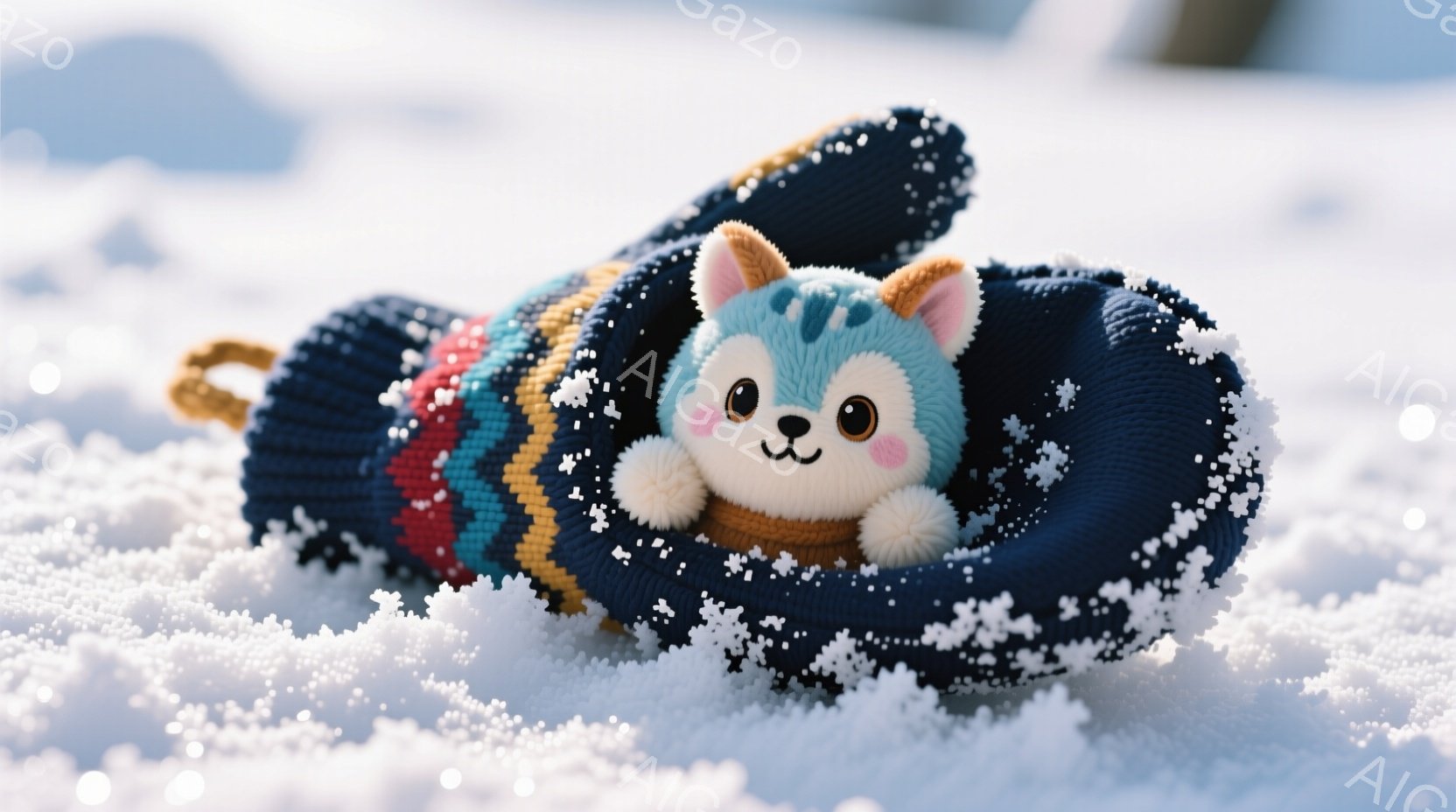 雪の上に紺色のニット手袋が置かれており、その中に可愛らしい犬のぬいぐるみが入っています。ぬいぐるみは丸い顔と大きな目をしており、穏やかな笑顔を浮かべています。雪は手袋やぬいぐるみに降り積もり、冬の静か - AI生成フリー素材