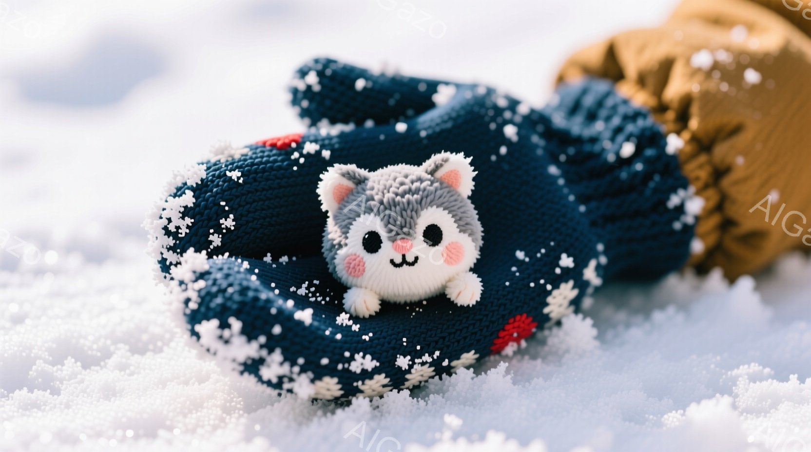 雪の上に、青い編み手袋が置かれています。手袋の中には、可愛らしい白いハリネズミのぬいぐるみがあり、その表情は穏やかで愛らしいです。背景は一面の雪景色で、冬の静かで穏やかな雰囲気を醸し出しています。