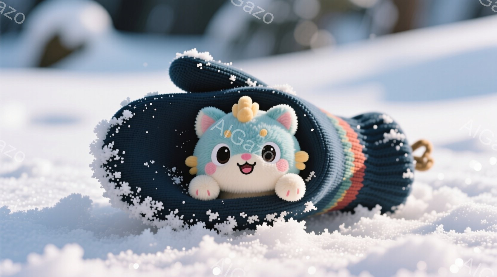 雪景色の中に、青いニットのミトンが落ちています。ミトンの中には、つぶらな瞳とピンクの頬を持つ、可愛らしい動物のキャラクターが顔を出しており、楽しそうな表情を浮かべています。雪がミトンやキャラクターに降 - AI生成フリー素材