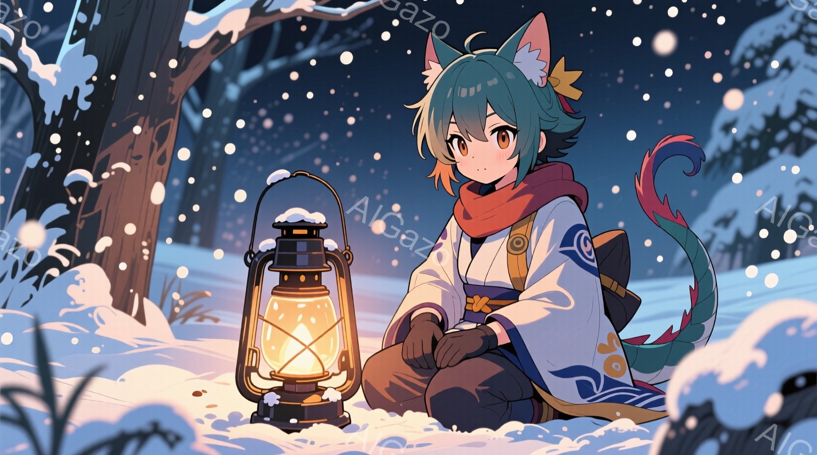 雪景色の中に座る少女が描かれています。彼女は明るい緑色の髪を持ち、白と青の装飾が施された白い服を着て、首には赤いスカーフを巻いています。手には灯りが灯ったランタンを持ち、穏やかな表情で雪原を見つめており、背景には雪に覆われた木々が立ち並び、幻想的な冬の雰囲気を醸し出しています。