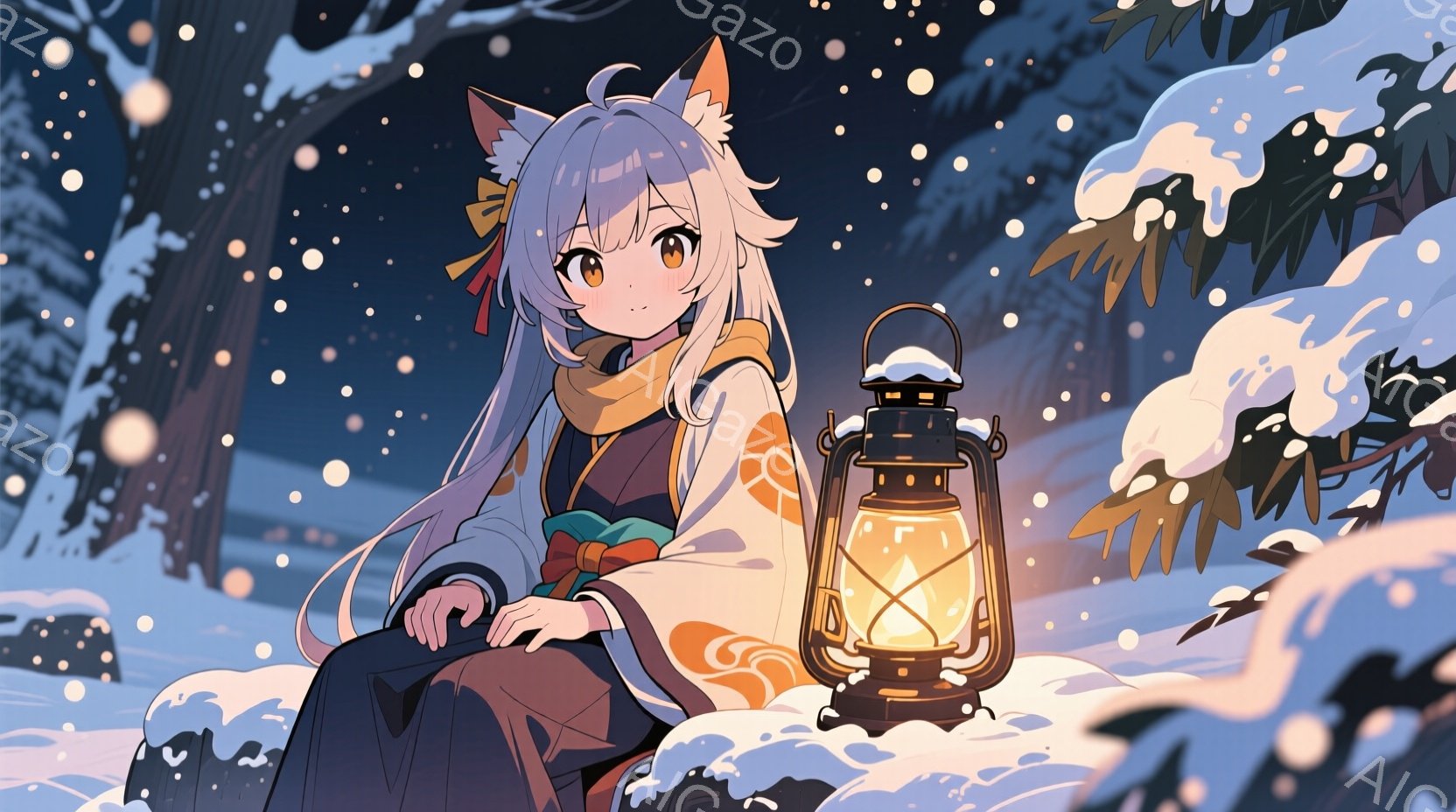 白髪の長い髪に、赤いリボンと花の髪飾りをつけた少女が描かれています。彼女は黒と緑の着物のような服を着て、雪の上に座り、明るいランタンを抱えています。背景には雪に覆われた木々があり、雪が舞う冬の夜の静かで幻想的な雰囲気を醸し出しています。