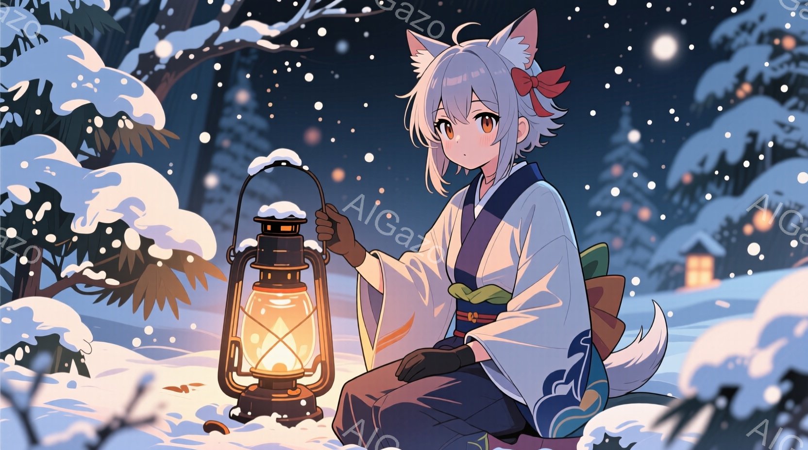 白い髪に狐耳を持つ少女が、雪景色の中でランタンを手に座っている。彼女は白と紫の着物姿で、緑色の帯が締まっています。背景には雪に覆われた木々と、遠くに灯りの見える家々があり、雪が静かに降り積もる幻想的な雰囲気です。