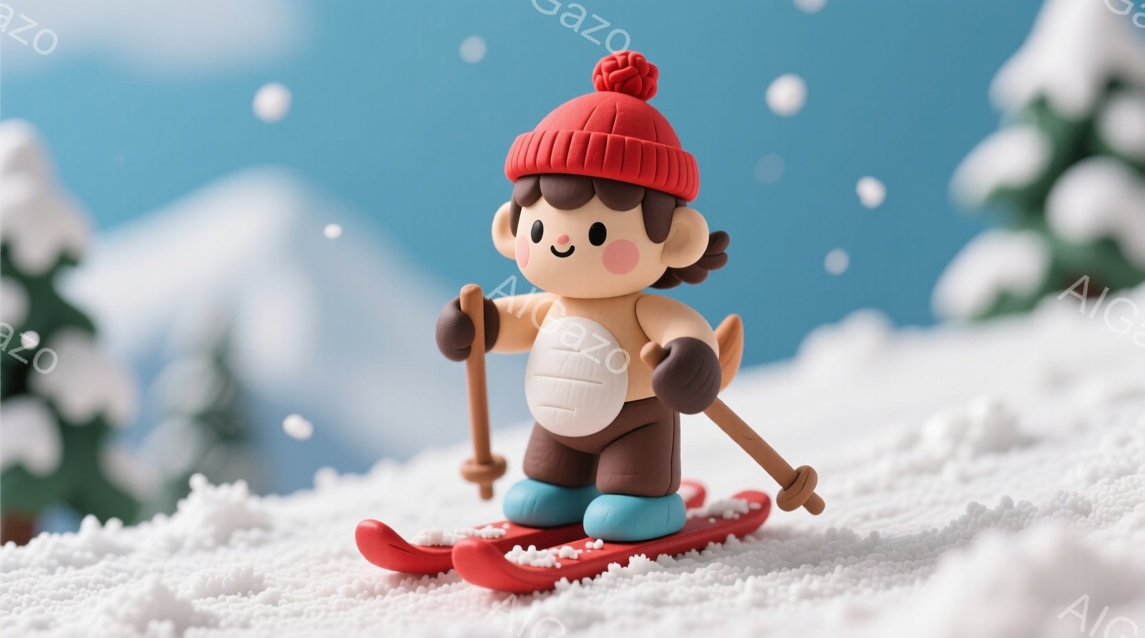 可愛らしい人形がスキーをしている様子を描いています。茶色いスキーウェアに赤い帽子をかぶり、満面の笑みを浮かべています。背景には雪景色が広がり、遠くには雪山と緑の木々が見え、冬の暖かく穏やかな雰囲気が漂 - AI生成フリー素材