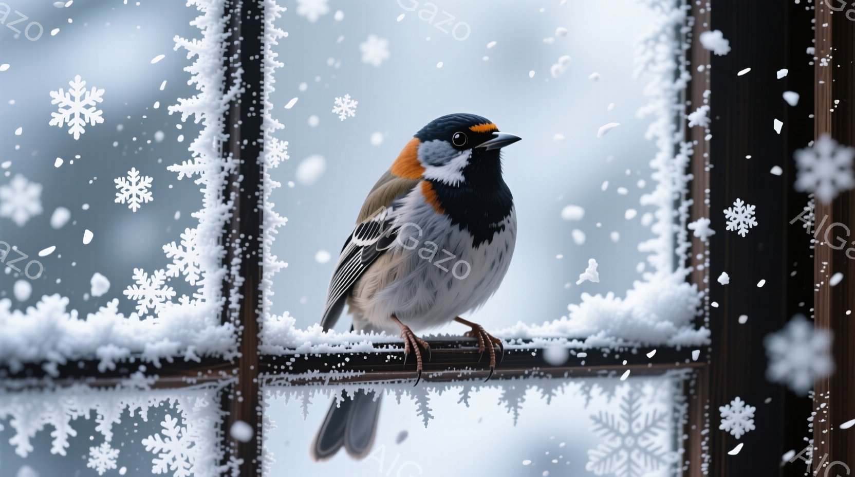 雪が降り積もる窓枠にとまった、美しい冬鳥が写っている。茶色と黒のコントラストが鮮やかな鳥は、厳しい寒さの中、どこか寂しげな表情でこちらを見つめている。背景には雪景色がぼんやりと見え、静寂で幻想的な冬の - AI生成フリー素材