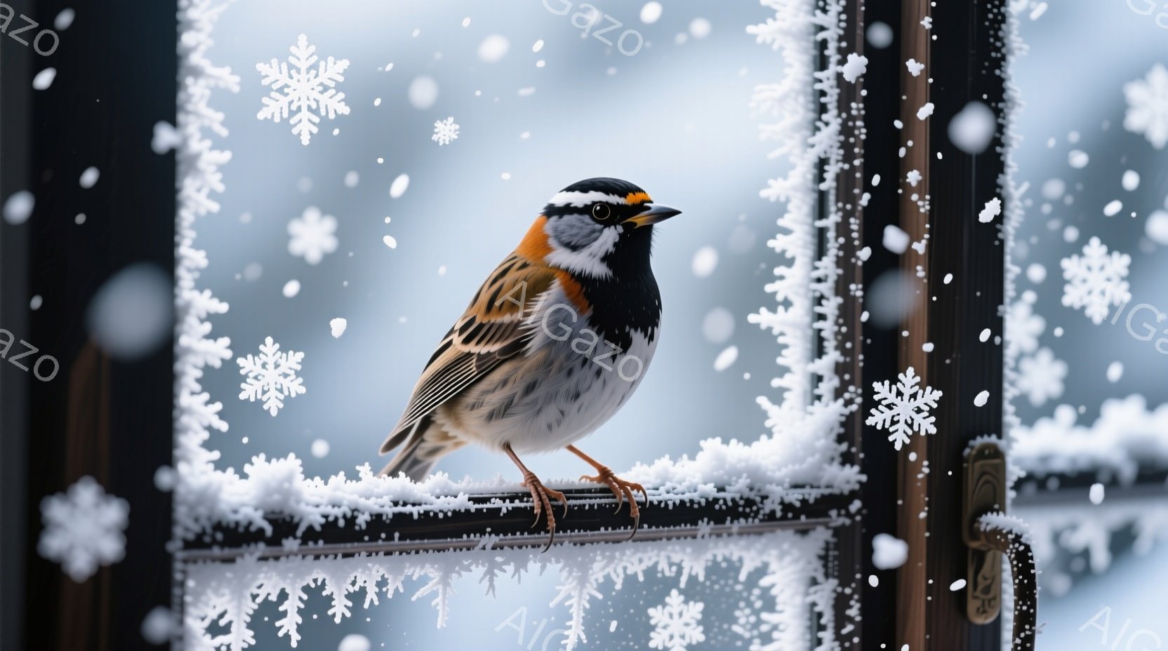 雪が降り積もる窓枠にとまっている小さな鳥が写っています。オレンジと黒の鮮やかな模様が特徴で、冬の寒さに耐えるように羽を膨らませています。背景は雪景色で、冷たく静かな冬の日の雰囲気が漂っています。