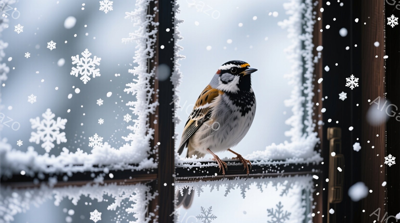 白と茶色の小さな鳥が、雪で覆われた窓枠に止まっている。背景は雪景色で、窓ガラスには繊細な雪の結晶が描かれている。冬の静寂と、厳しい寒さの中での生命の力強さを感じさせる、穏やかで美しい光景である。