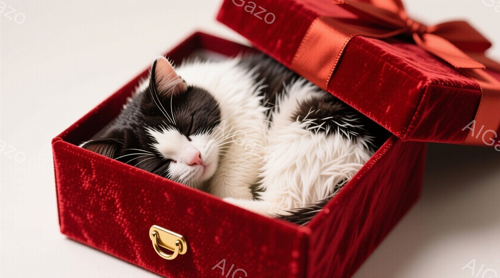 白と黒の猫が赤いベルベットの箱の中に丸まって眠っています。箱は開いており、金色の留め金と赤いリボンが付いています。全体的に暖かく、愛らしい雰囲気で、猫の穏やかな眠りを強調しています。