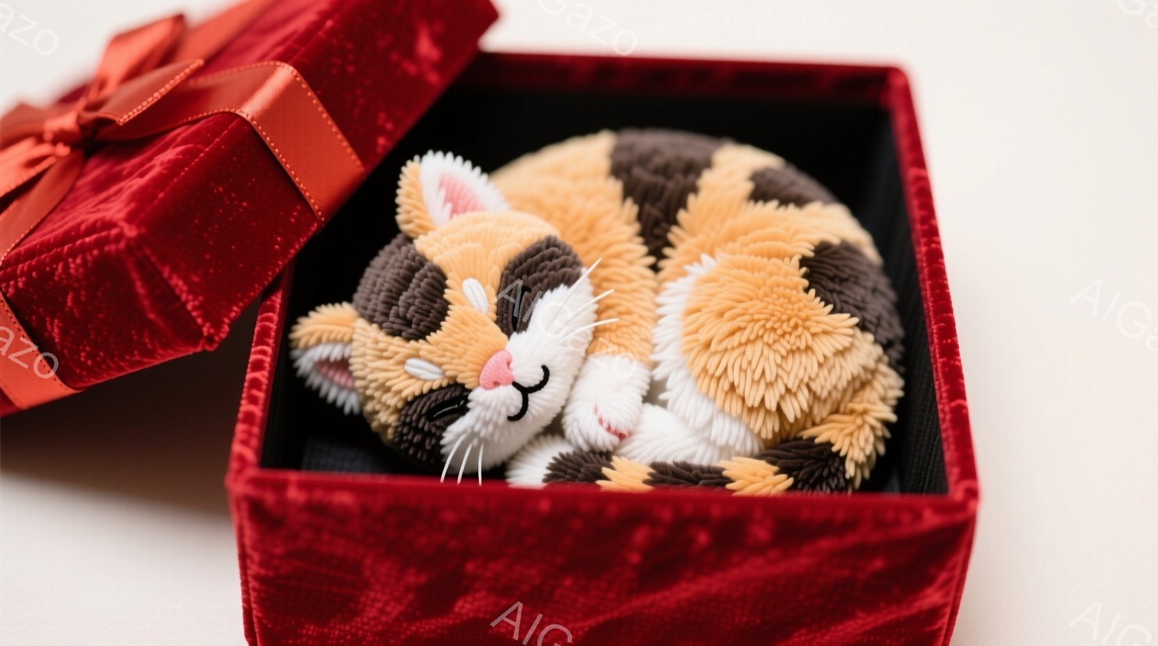 赤いベルベットの箱の中に、丸まった猫のぬいぐるみが入っています。猫はオレンジ、白、黒の模様で、丸まって眠っているように見えます。箱は赤いリボンで結ばれており、全体的に暖かく、可愛らしい雰囲気を醸し出しています。