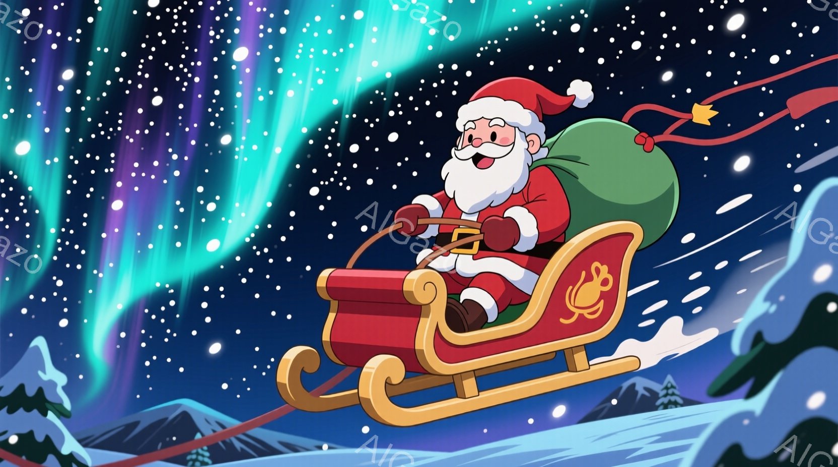 サンタクロースは、赤いそりの中に座り、楽しそうな表情で前を見ている。彼は伝統的な赤い衣装と白いひげ、ふさふさの白い髪をしており、大きな緑色の袋を背負っている。背景には、雪山とオーロラのような輝き、そし - AI生成フリー素材