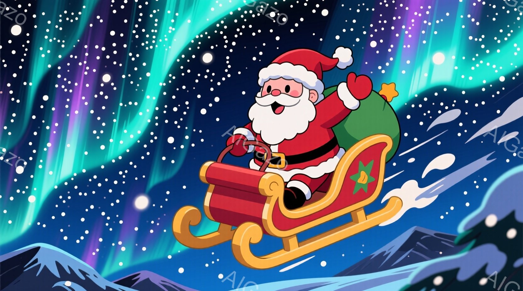 サンタクロースは赤いスーツと白い髭を蓄え、楽しげな表情でソリを操っています。背景には、雪山とオーロラのような虹色の光が広がり、星が輝く夜空が広がっています。ソリはスピード感があり、クリスマスの喜びと魔法のような雰囲気を醸し出しています。