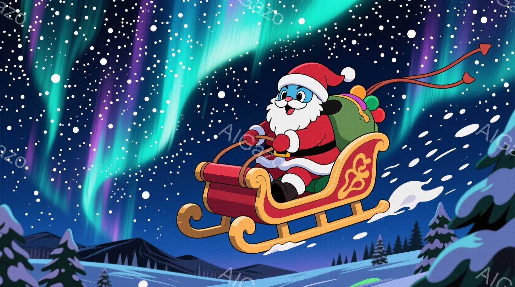 サンタクロースは赤い衣装と帽子を身につけ、満面の笑みを浮かべてそりに乗っています。彼は緑色の山々と雪景色を背景に、空を飛んでいます。オーロラのような光が夜空を彩り、冬の暖かいお祝いの雰囲気です。