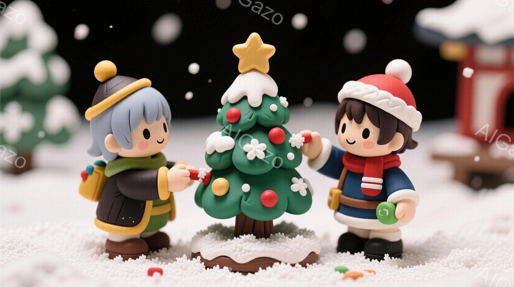 雪が降る冬の風景の中、クリスマスの飾り付けをする二人の子供たちが描かれています。一人は黒い髪で赤い帽子をかぶり、もう一人は青い髪で黄色い帽子をかぶっており、どちらも暖かく厚着をして、クリスマスの木にオ - AI生成フリー素材