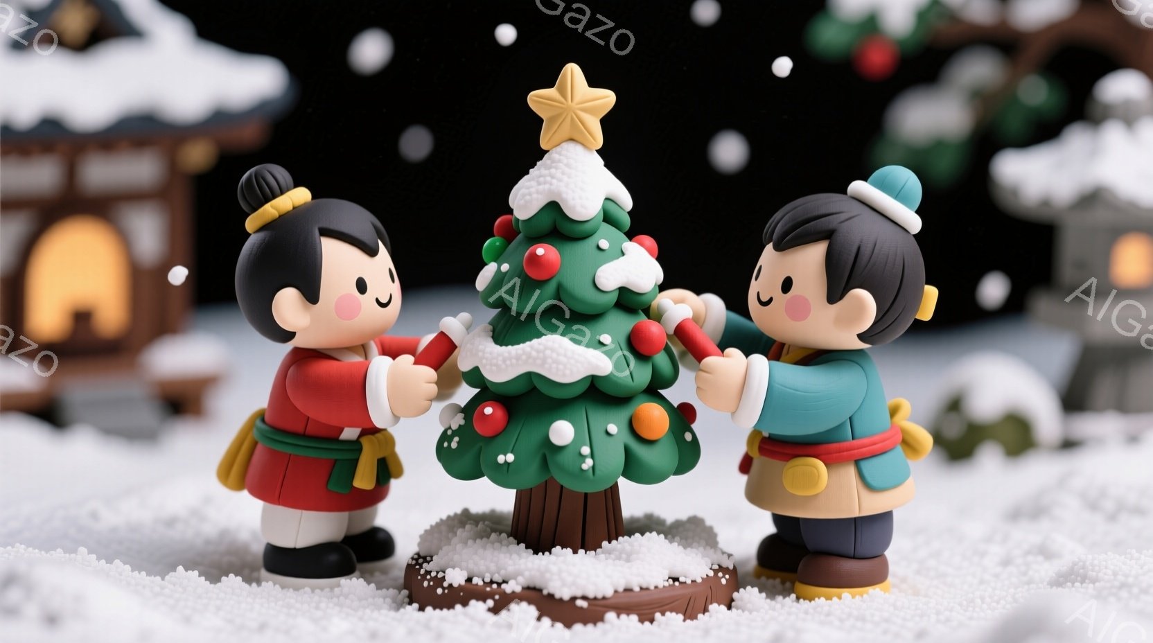 明るい赤い衣装を着た少女と、ターコイズブルーの衣装を着た少年が、雪に覆われたクリスマスツリーの周りに立っています。二人は笑顔で、ツリーに飾り付けをしている最中です。背景には、雪で覆われた家々があり、雪 - AI生成フリー素材