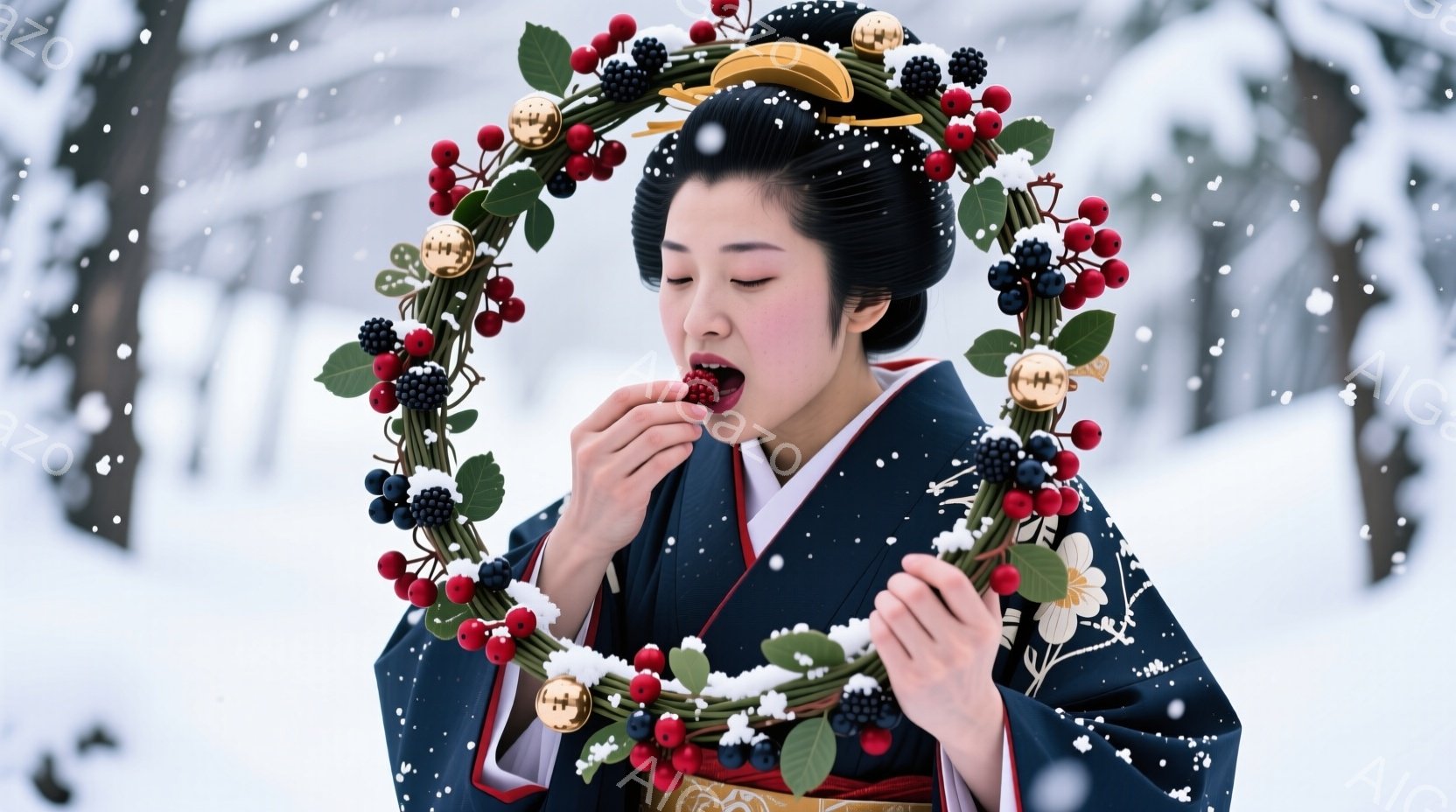 深い藍色の着物を着た女性が、赤い実と金色の飾りで飾られた円形の冠を身に着けています。彼女は口に赤い実を運んでおり、やや伏し目がちな表情で、冬の雪景色の中で静かに佇んでいます。背景には雪に覆われた木々が - AI生成フリー素材