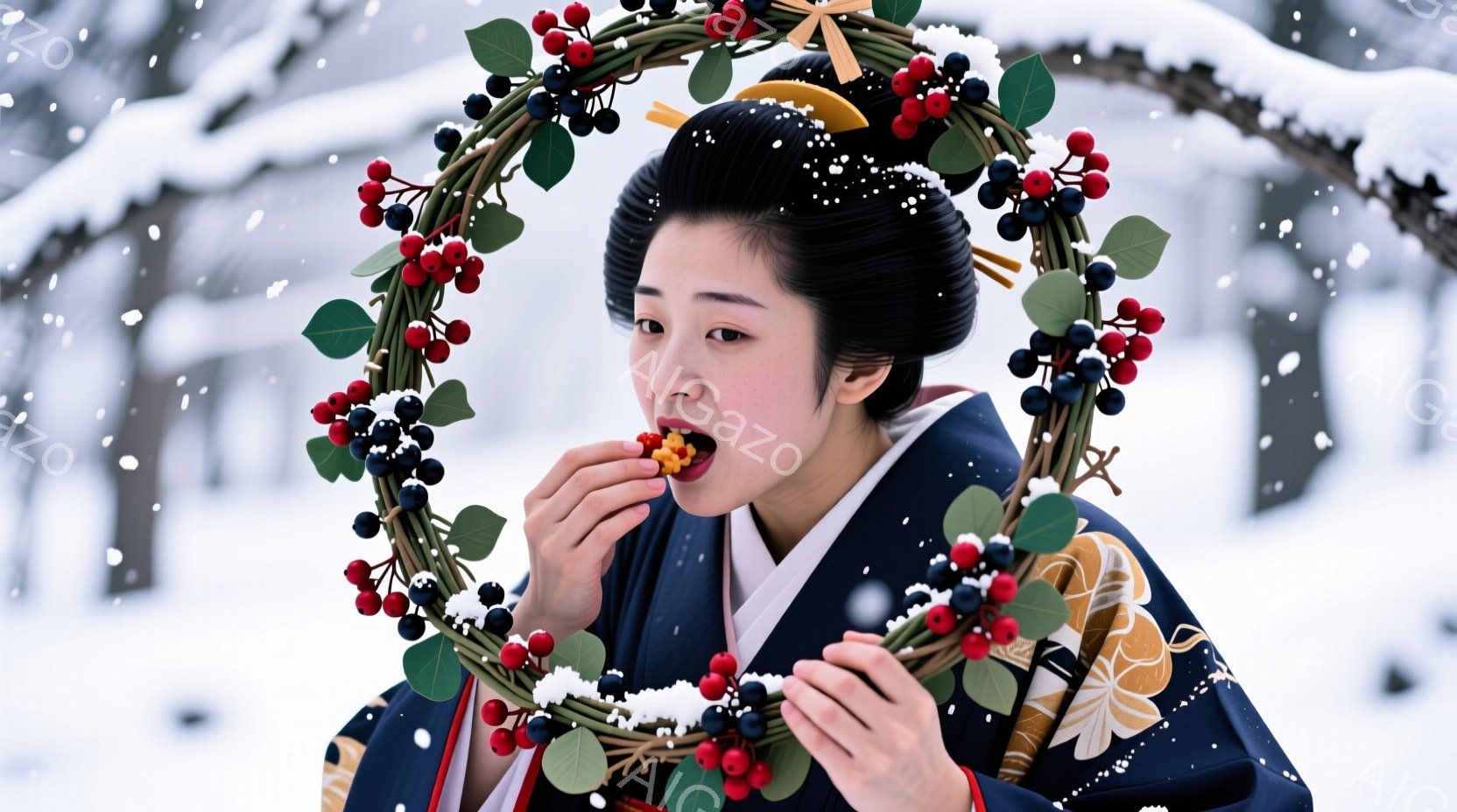 鮮やかな藍色の着物を着た女性が、雪景色の中で円形の飾りを頭に載せて微笑んでいます。彼女は髪を高く結い、かんざしで飾り、何かを口に運んでいます。背景は雪に覆われた木々で、雪が舞い散る冬の静寂な雰囲気を醸し出しています。