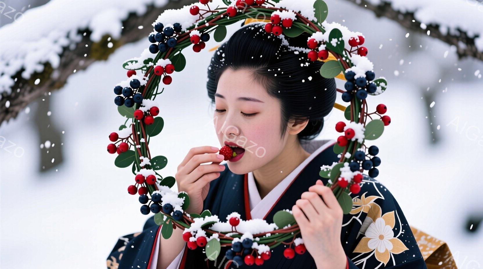 紺色の着物に白い模様が描かれ、金色の花柄がアクセントになっている女性が写っている。彼女は赤い実や葉でできた円形の飾りを手に持ち、口元に近づけている。背景は雪景色で、雪が舞う冬の静謐な雰囲気が漂っている。