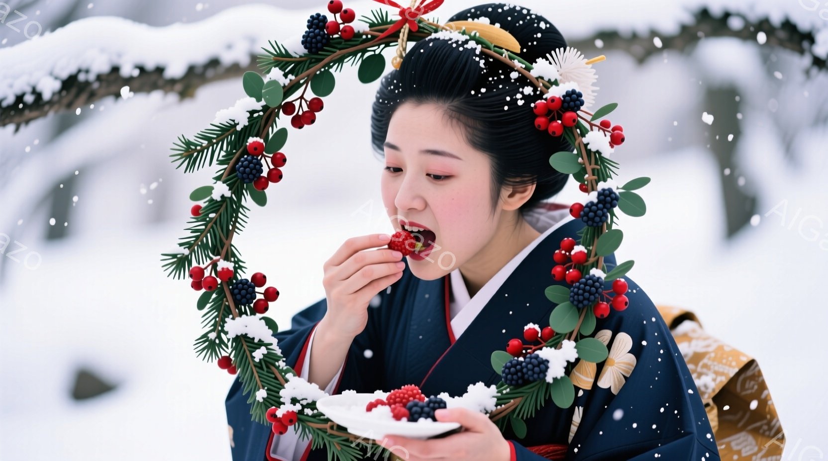 深い藍色の着物を着た女性が、真っ白な雪景色の中で赤い実の入ったお皿からベリーを口にしています。彼女は黒髪を高く結い上げ、かんざしで飾り、冬の装いにふさわしい落ち着いた表情をしています。背景には雪に覆われた木々があり、全体的に静かで幻想的な雰囲気を醸し出しています。