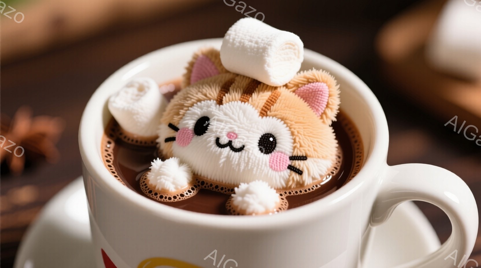 温かいココアにふわふわの猫の人形が浮かんでいます。猫は明るい茶色で、丸い目と小さな口で可愛らしい表情をしています。背景は木製のテーブルで、穏やかで心地よい雰囲気を醸し出しています。