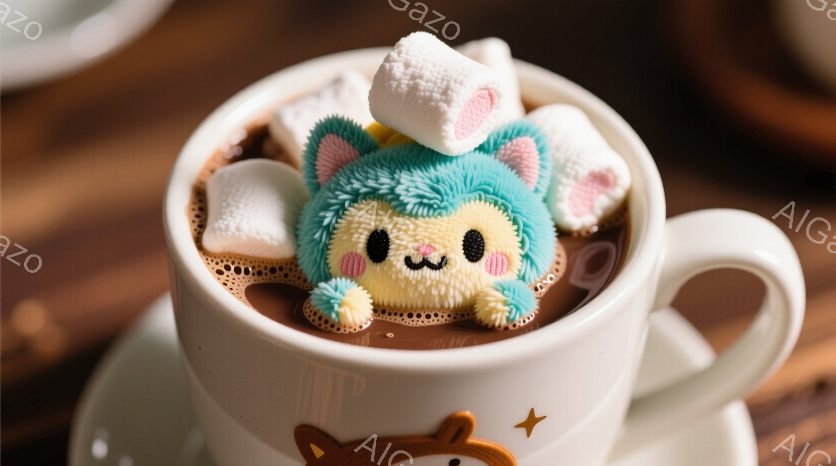 温かいココアの入ったカップの中に、ふわふわの黄色い生き物が浸かっています。その生き物は、青いフード付きのコートを着ており、丸い瞳と小さく微笑んだ口が愛らしい表情を作り出しています。カップは茶色いソーサーの上にあり、背景はぼやけていますが、暖かい雰囲気を示唆しています。