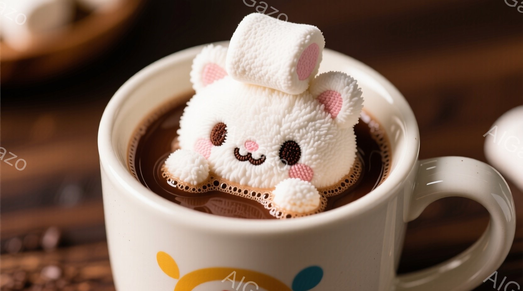 ホットチョコレートの上に、ふわふわの白いマシュマロで作られたウサギが浮かんでいます。マグカップはクリーム色で、底に黄色と水色の模様があり、暖かく心地よい雰囲気を醸し出しています。背景はぼやけていますが - AI生成フリー素材