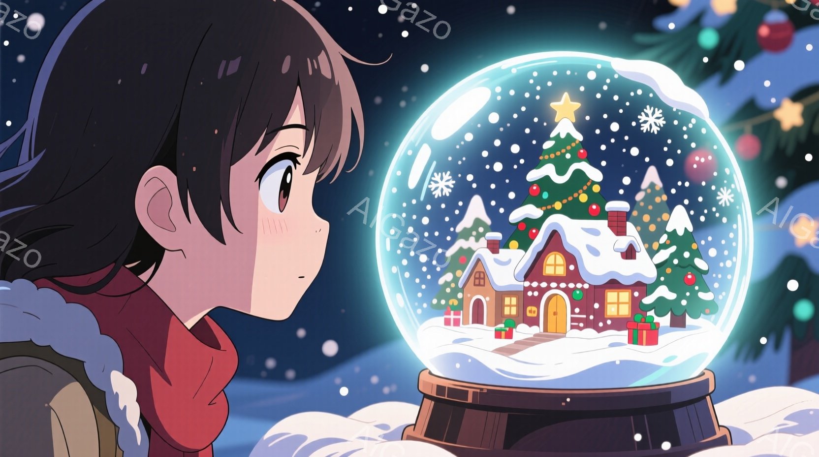 少女は赤いマフラーと茶色の髪で、雪が降る中、クリスマスの雪の玉を見つめている。彼女は少し驚いたような表情で、雪の玉の中の小さな家やクリスマスツリーを見ている。背景には降り積もる雪と、まるで冬の夜空のような暗い背景が広がっており、温かく幻想的な雰囲気を醸し出している。