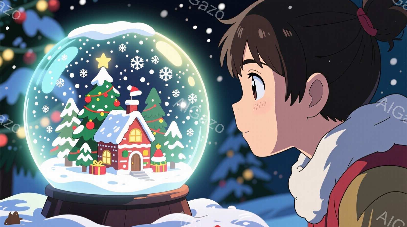 茶色の髪を後ろで一つに結んだ少女が、雪の降るクリスマスのジオラマが入ったガラス球を覗き込んでいます。赤いコートに白い襟元が特徴で、頬はほんのり赤らんでいます。背景には、雪で覆われた家々とクリスマスツリーが描かれ、雪の結晶が舞い散る幻想的な冬の風景が広がっています。