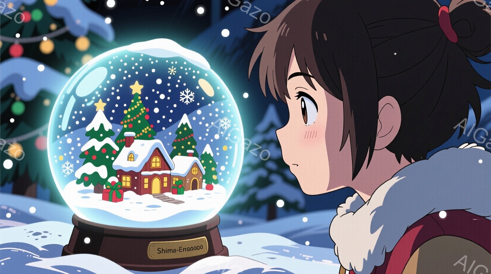 茶色の髪をポニーテールにした少女が、雪の降る風景が入ったスノーグローブをじっと見つめています。彼女は赤いセーターと白い縁取りのあるコートを着ており、頬はほんのり赤く染まっています。スノーグローブの中には、ライトアップされた家々や雪に覆われた木々があり、外は雪が舞う幻想的な冬景色が広がっています。