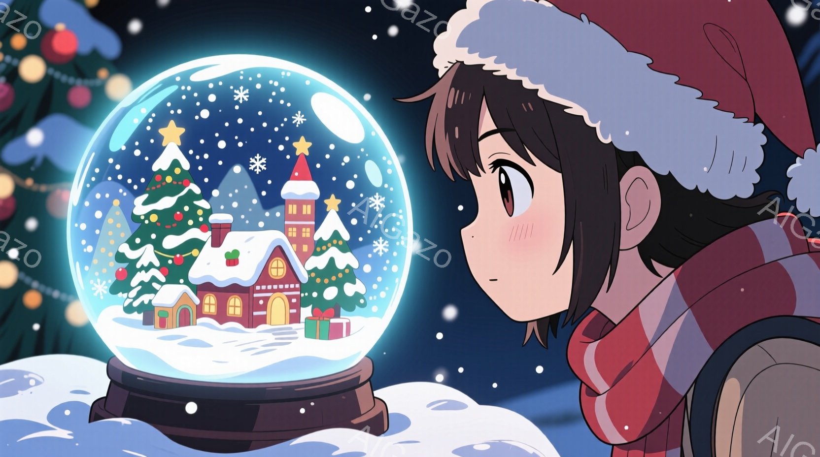 雪が降る夜、少女がスノーグローブを見つめている。彼女は赤いサンタ帽をかぶり、赤いマフラーを巻いており、茶色の髪は肩にかかっている。スノーグローブの中には、雪に覆われた可愛らしい家々とクリスマスツリーが - AI生成フリー素材