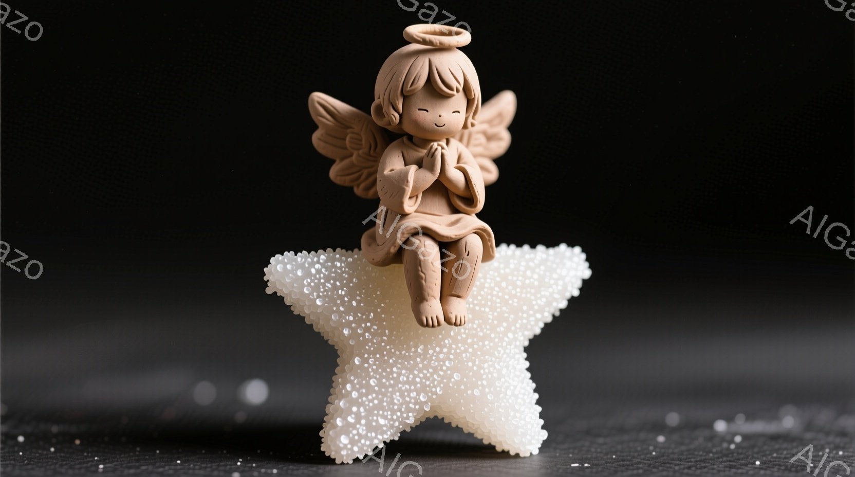 小さな天使の置物が、キラキラと輝く星形の台座に座っています。天使は短い茶色の髪を持ち、目を閉じ、両手を合わせて祈っているようです。背景は暗く、星の周りにぼんやりとした光の粒子が散らばっており、静かで穏やかな雰囲気を醸し出しています。
