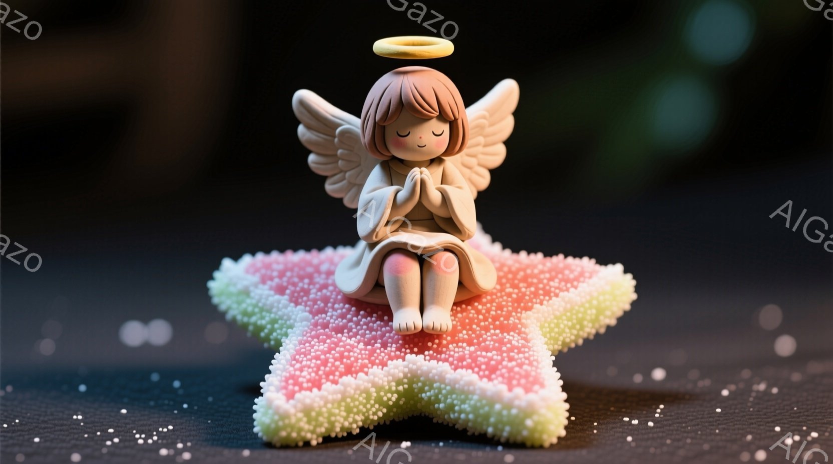 金髪の巻き毛の少女が、白いドレスと翼を身につけ、両手を合わせて祈る姿が描かれています。彼女は、ピンク、緑、黄色の小さな粒で覆われた星形の台の上に座っており、背景は暗く、ぼんやりとした光の粒子が散りばめられています。全体的に、優しく、穏やかな雰囲気が漂っています。