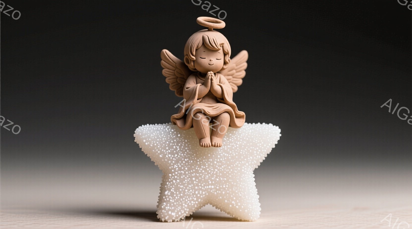 小さな天使の置物が、きらびやかな白い星の上に座っています。天使は茶色の巻き毛に光輪をつけ、赤いローブのような服を着て、祈るように手を合わせています。背景はぼやけたベージュとグレーで、全体的に穏やかで優しい雰囲気を醸し出しています。