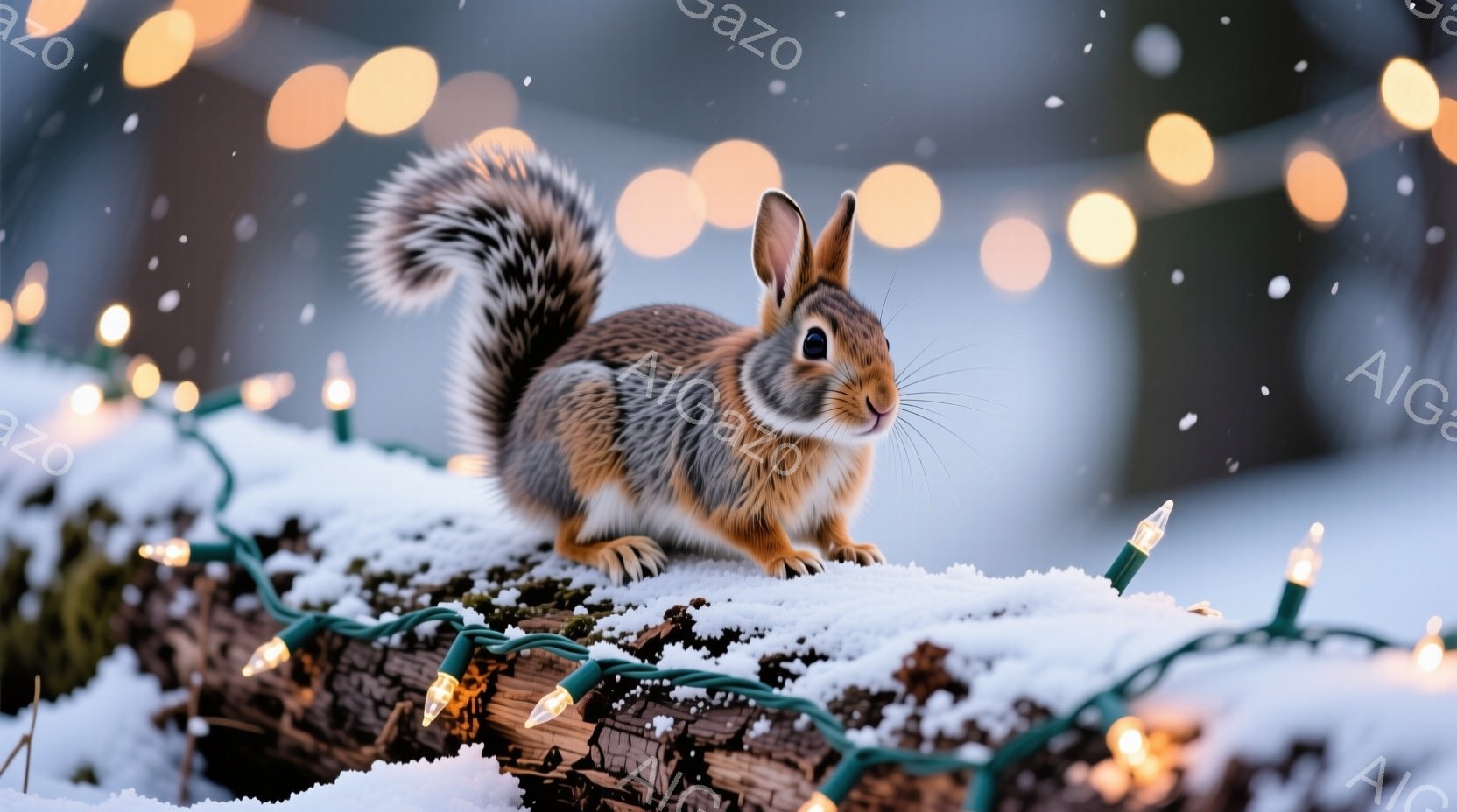 雪に覆われた丸太の上にリスが座っており、ふっくらとした尻尾が特徴的です。リスは前足を揃えて座り、前を見つめる穏やかな表情をしています。背景にはぼやけたクリスマスライトが散りばめられており、冬の暖かく優しい雰囲気を醸し出しています。