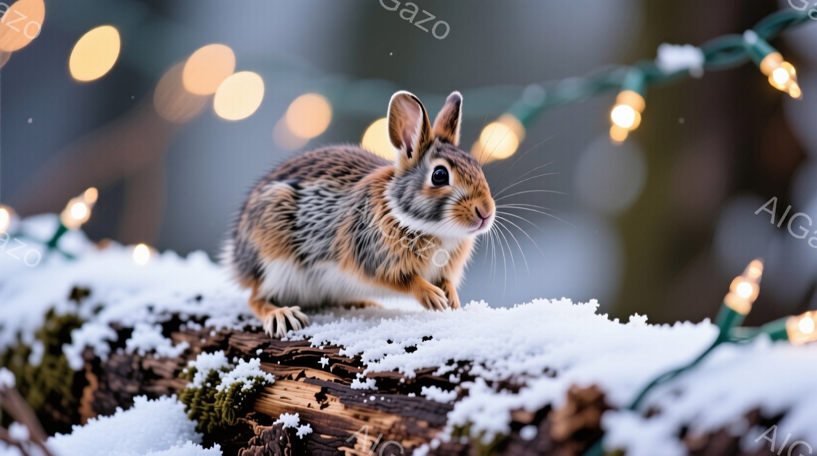 雪に覆われた丸太の上に、小さな茶色の野ウサギが正面を向いて座っている。ウサギは注意深く何かを見つめており、丸い瞳とピンと立った耳が特徴的だ。背景にはぼやけた緑色の光が点在し、冬の静寂と温かさを感じさせる。
