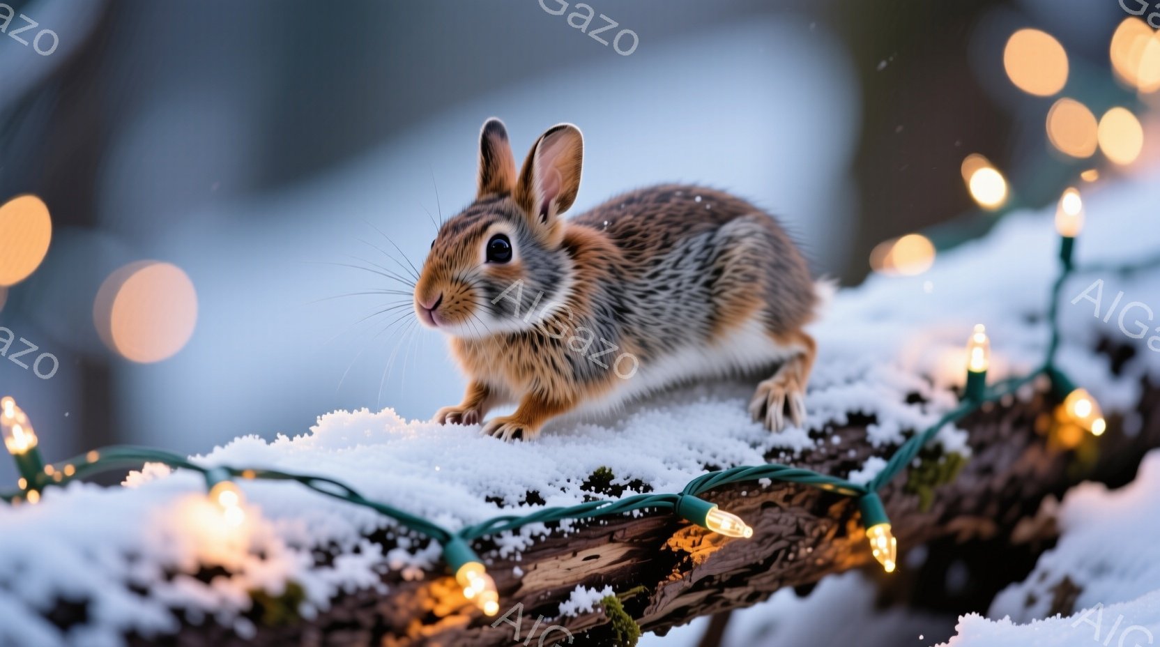 白い雪の上に、茶色と白の毛並みを持つウサギが座っています。ウサギは前足を揃え、落ち着いた表情でこちらを見ています。背景には緑色のイルミネーションライトが雪に覆われた枝に巻き付けられ、幻想的で暖かい雰囲 - AI生成フリー素材