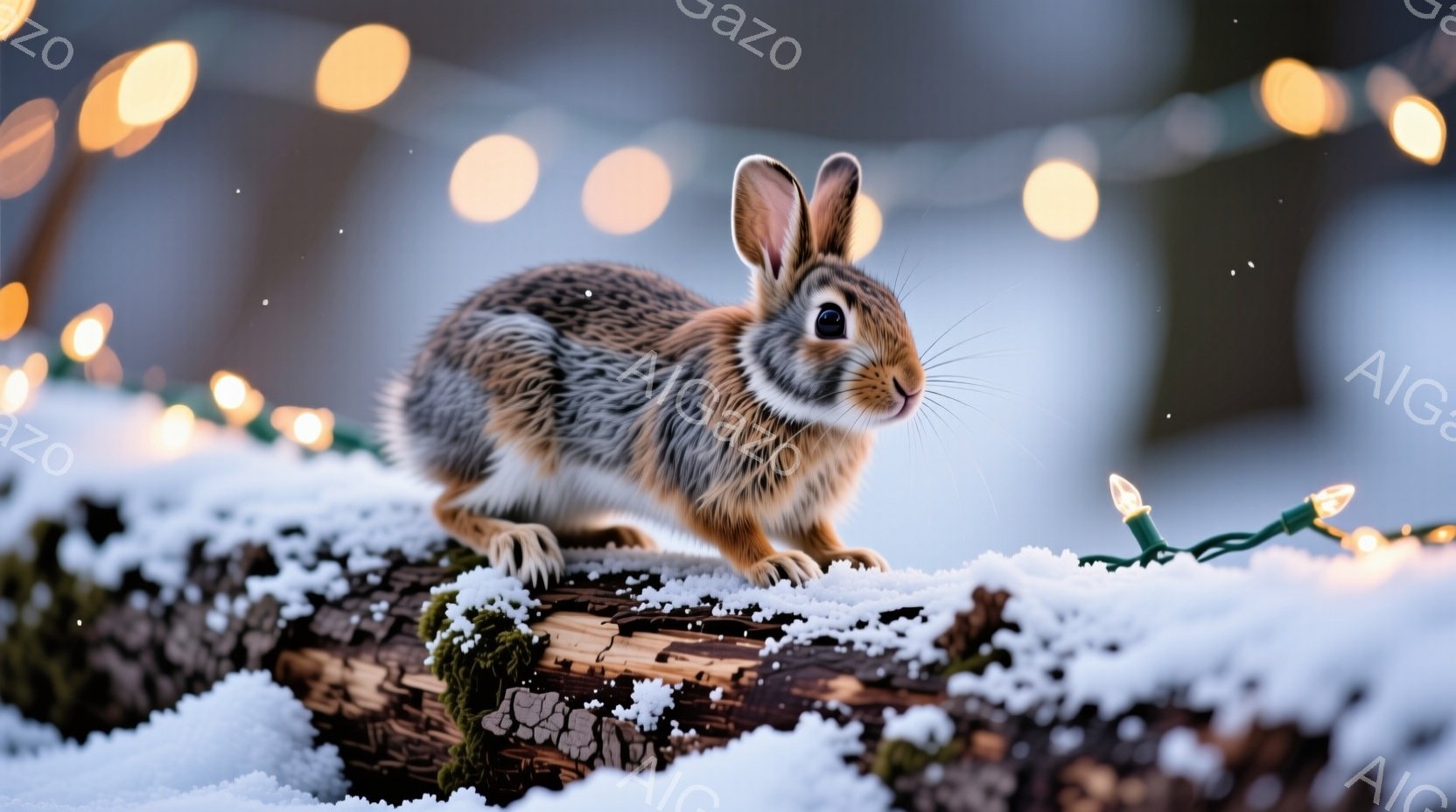 霜で覆われた丸太の上で、茶色のウサギが前足を揃えて座っている。背景にはぼやけたクリスマスライトが輝き、冬の穏やかで幻想的な雰囲気を醸し出している。ウサギの毛並みは細かく、表情は静かで、雪景色の中でひときわ目立っている。