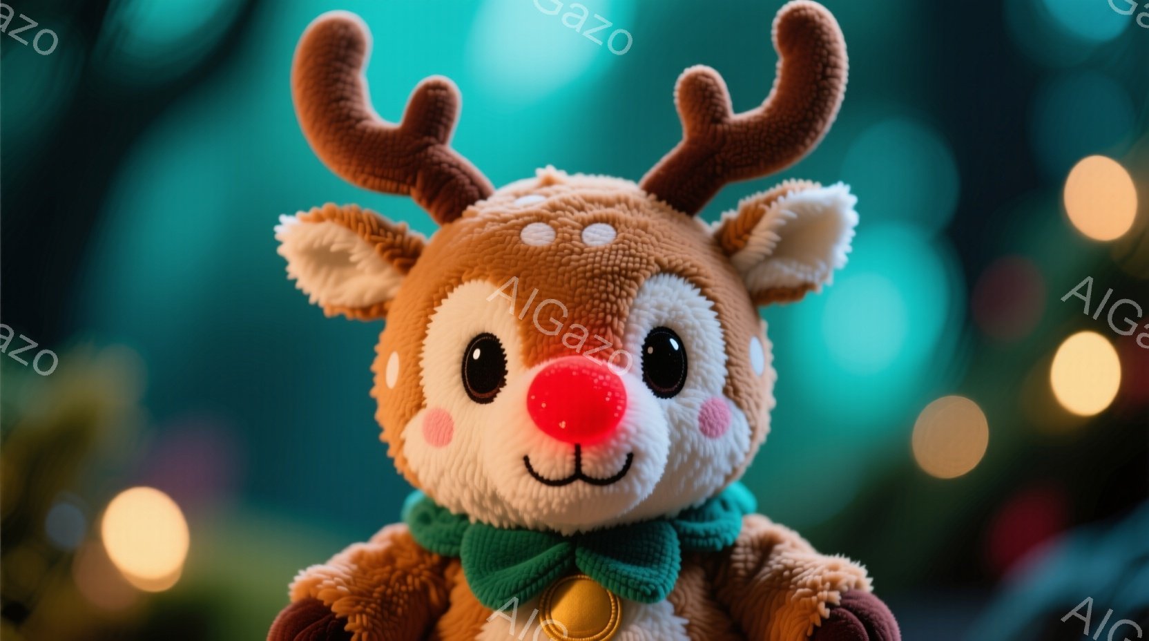 ふわふわの茶色のトナカイのぬいぐるみは、大きな瞳と赤い鼻が特徴的で、愛らしい表情をしています。首には緑色のリボンと金色のベルが付いており、可愛らしさをさらに引き立てています。背景は緑色とぼやけた光で構成され、温かく幻想的な雰囲気を醸し出しています。