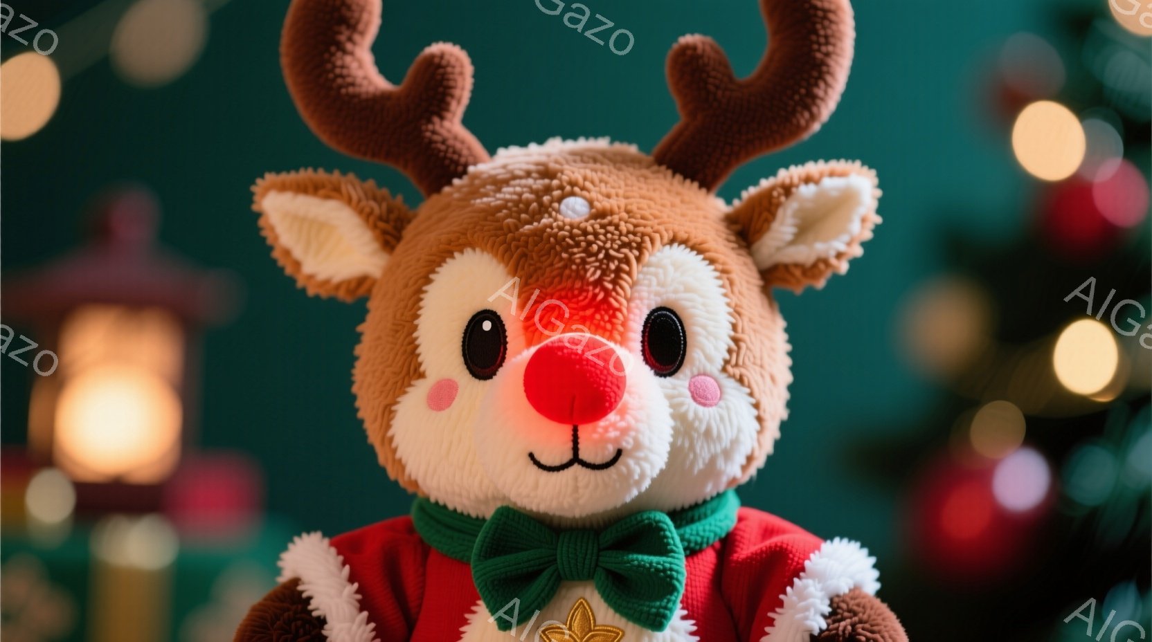 鮮やかな緑色の背景に、愛らしいトナカイのぬいぐるみが写っています。赤いセーターに緑の蝶ネクタイをつけ、つぶらな瞳と赤い鼻が特徴的で、優しい笑顔を浮かべています。背景にはぼやけたクリスマスツリーと光が散 - AI生成フリー素材