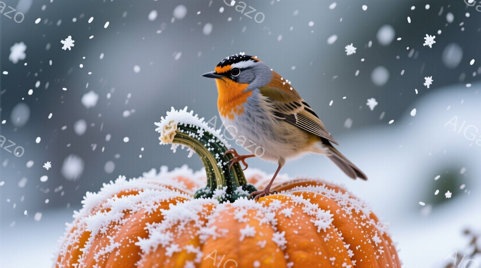 オレンジ色のカボチャの上に、胸に赤色が鮮やかなスズメが止まっています。カボチャやスズメの羽には雪が降り積もり、背景はぼやけた冬の風景で、雪が舞っている様子がわかります。全体的に、静かで幻想的な冬の雰囲気が漂っています。