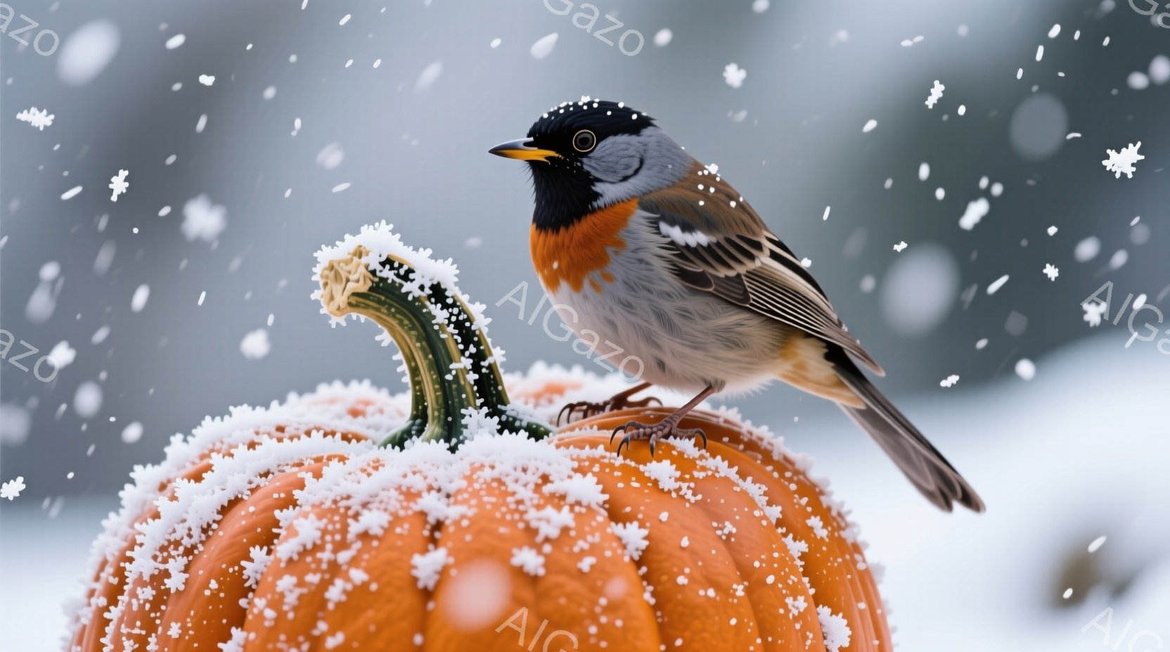 雪が降る中で、鮮やかなオレンジ色のカボチャの上に一羽の鳥がとまっています。鳥は、黒い頭、オレンジ色の胸、灰色の背中という美しい模様をしており、雪で覆われたカボチャとのコントラストが印象的です。背景はぼ - AI生成フリー素材