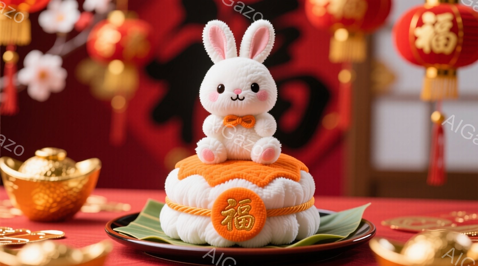 明るい赤色の背景に、かわいらしいウサギのぬいぐるみが、金色の文字が描かれた白い円形のケーキのようなものの上に座っています。ウサギは白い毛並みで、オレンジ色のリボンを首に巻いており、愛らしい表情をしてい - AI生成フリー素材