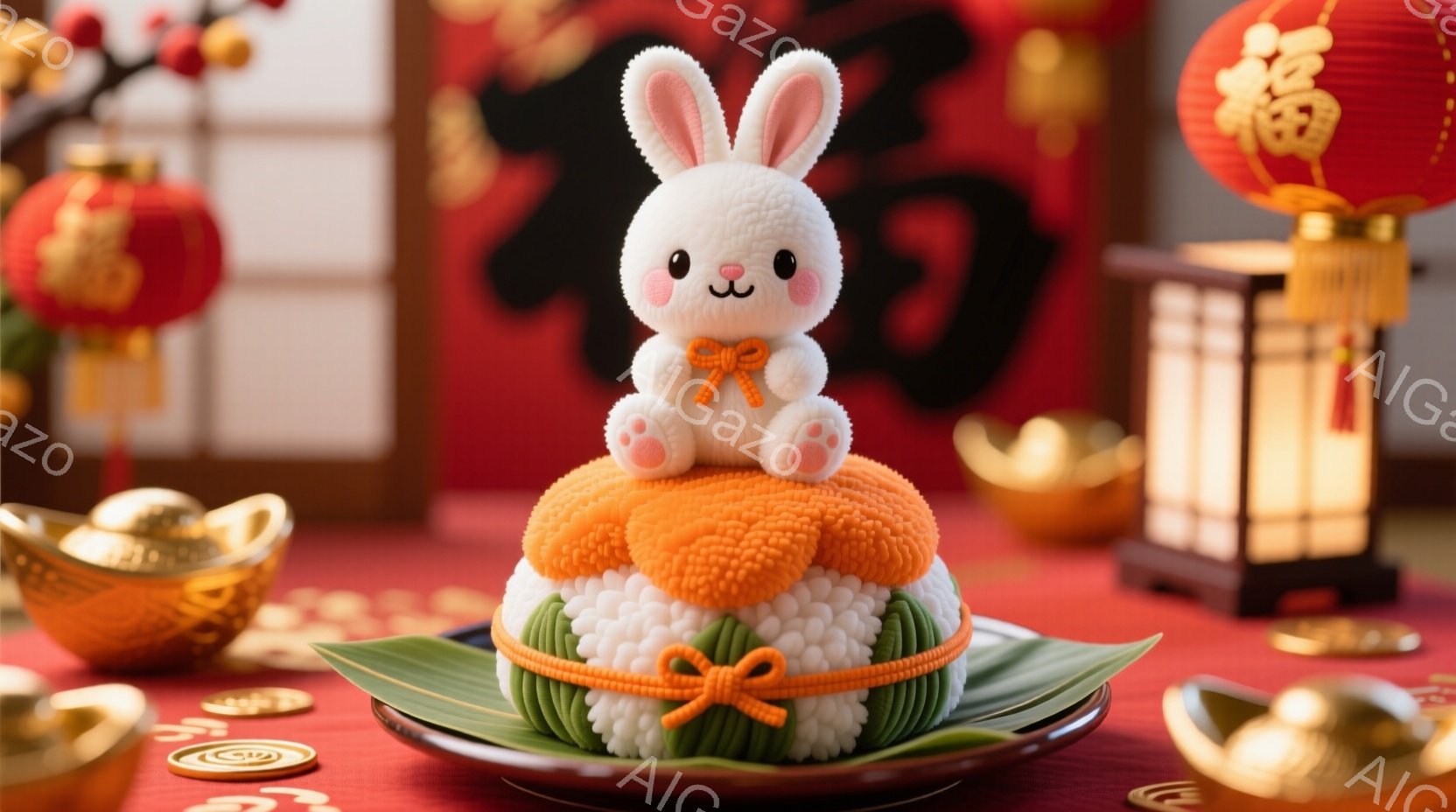 白いウサギの人形が、お餅の山の上に座っています。ウサギはオレンジ色のリボンで結ばれており、穏やかな表情をしています。背景には、金色の装飾品や赤い提灯が置かれ、お祝いの雰囲気を醸し出しています。