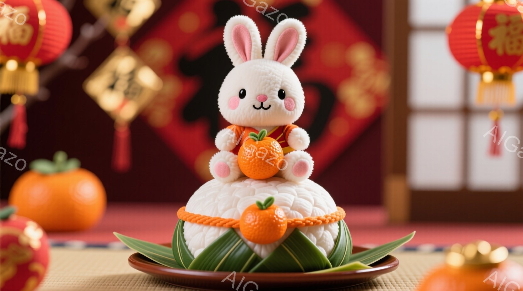白いウサギの置物が、浅黄色の皿の上に座っており、その周りには緑の葉が配置されています。ウサギは丸い形をしており、オレンジ色の小さなボールを抱きしめており、愛らしい表情をしています。背景には赤い提灯や飾りが見え、全体的に暖かく、お祝いの雰囲気です。