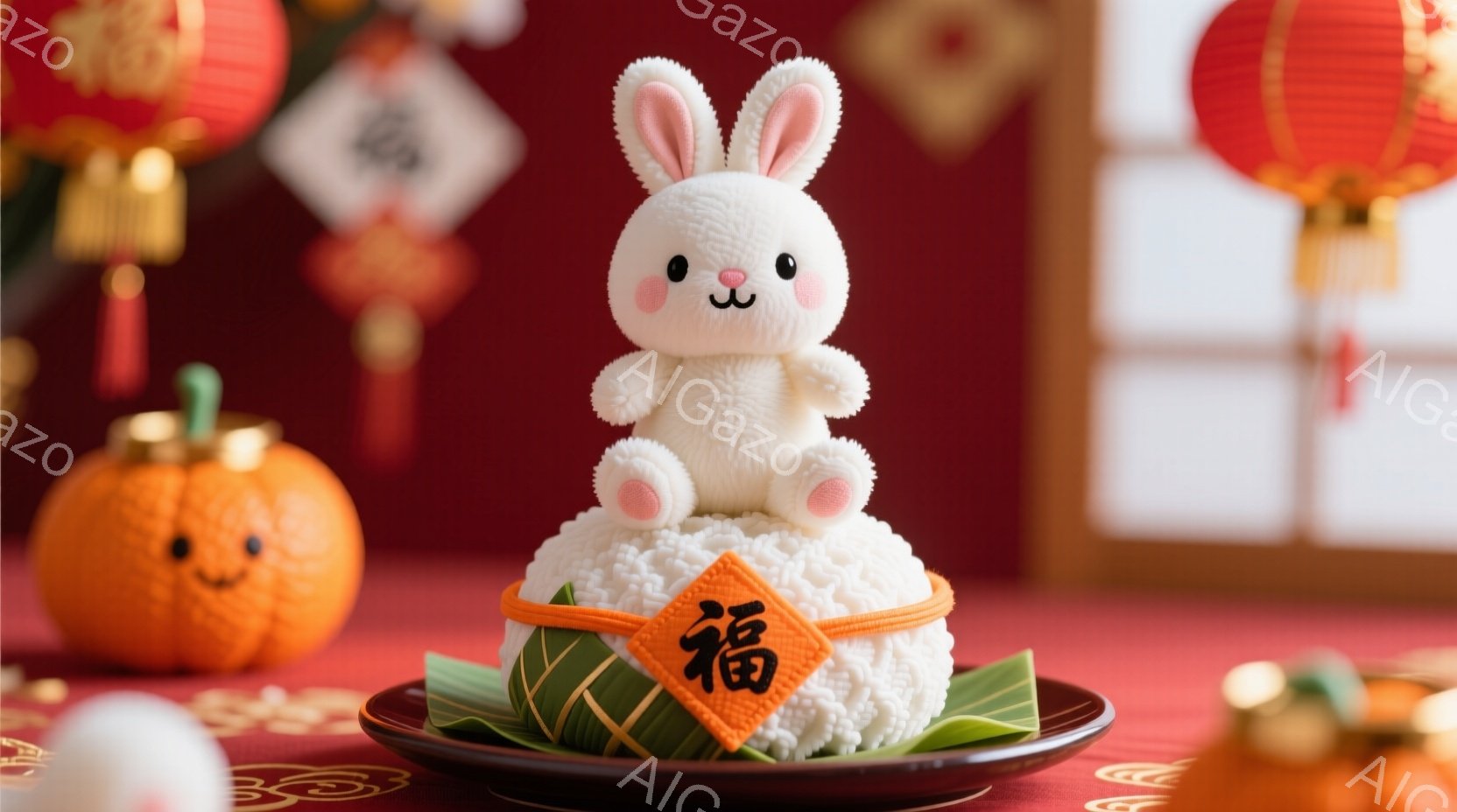 白くてふわふわしたウサギの置物が、お餅の上に座っています。赤いリボンには「福」という漢字が書かれており、背景には赤い提灯やオレンジ色のカボチャが配置され、お正月の雰囲気を醸し出しています。全体的に暖かく、お祝いの気持ちが伝わってくる、可愛らしい一枚です。